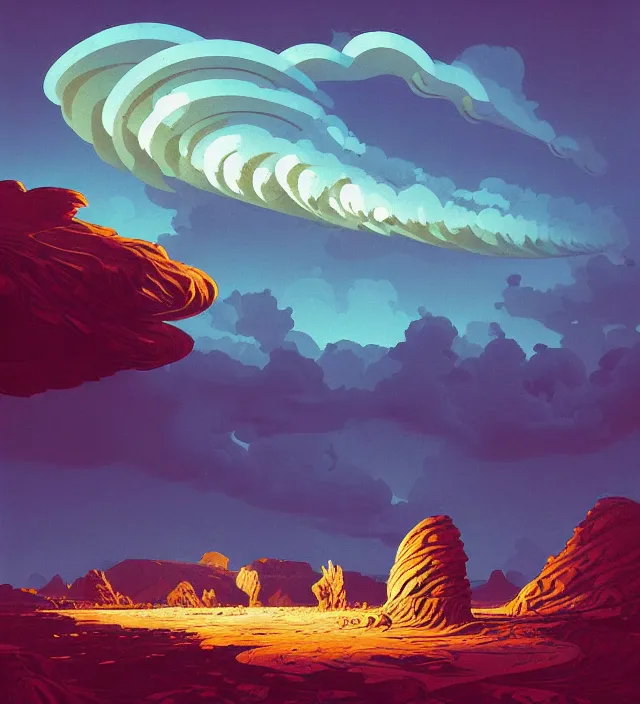 Prompt: a 🌊 swirling in the sky above a barren 🏜 by ivan shishkin and zacharias aagaard and simon stalenhag and dan mumford, chiaroscuro, hyper detailed, high saturation, retrowave, maximalism