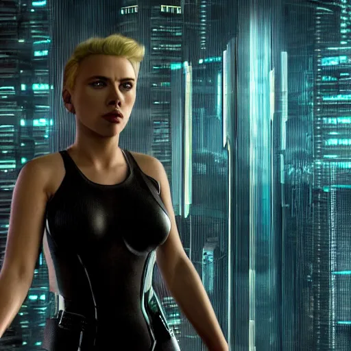 Image similar to scarlett johansson in cyberpunk, render