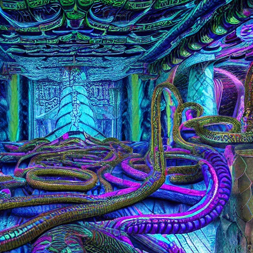 Image similar to Photorealistic inside a temple made of snakes. Hyperdetailed photorealism, 108 megapixels, amazing depth, glowing rich colors, powerful imagery, Psychedelic Overtones, Crisp, Clean image, mostly black purple and teal