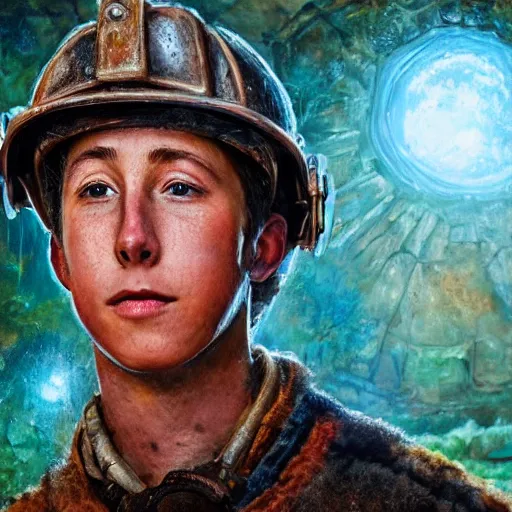 Image similar to skyler gisondo as a sooty steampunk miner in a crystal cave, detailed oil painting, highly detailed, highly accurate, deep aesthetic, 8 k, highly ornate intricate details, cinematic lighting, rich colors, ray tracing, hyperrealistic, photorealistic, cinematic landscape, trending on artstation,