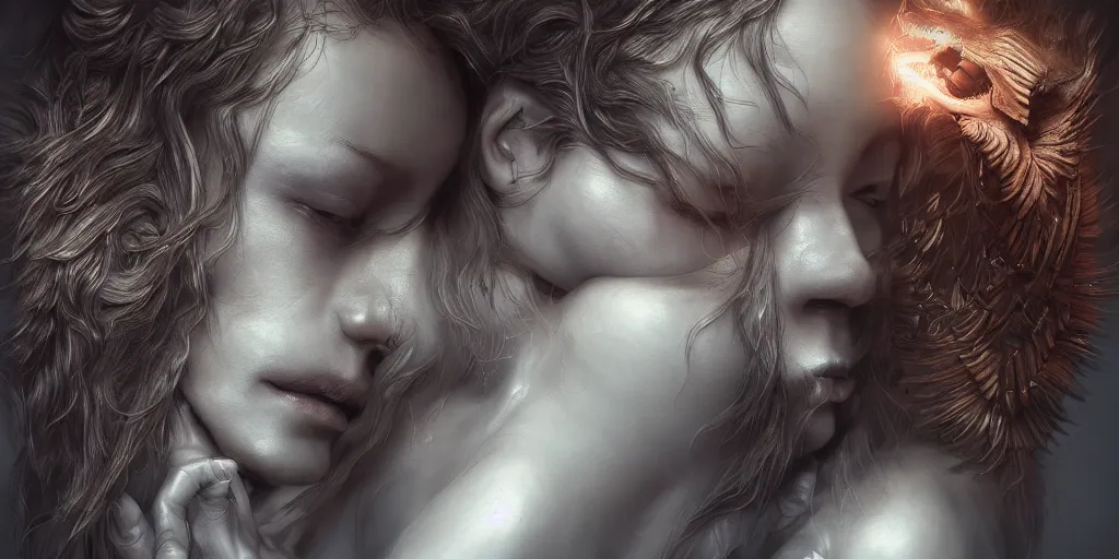 Image similar to the creation of, hyper realistic photography of a beautiful cyborg female, intimate holding close, in the style of beth cavener, jin kagetsu, wlop, highly detailed, intricate filigree, symmetry, masterpiece, concept art, highkey lighting, ambient lighting, octane render, 8 k, artstation