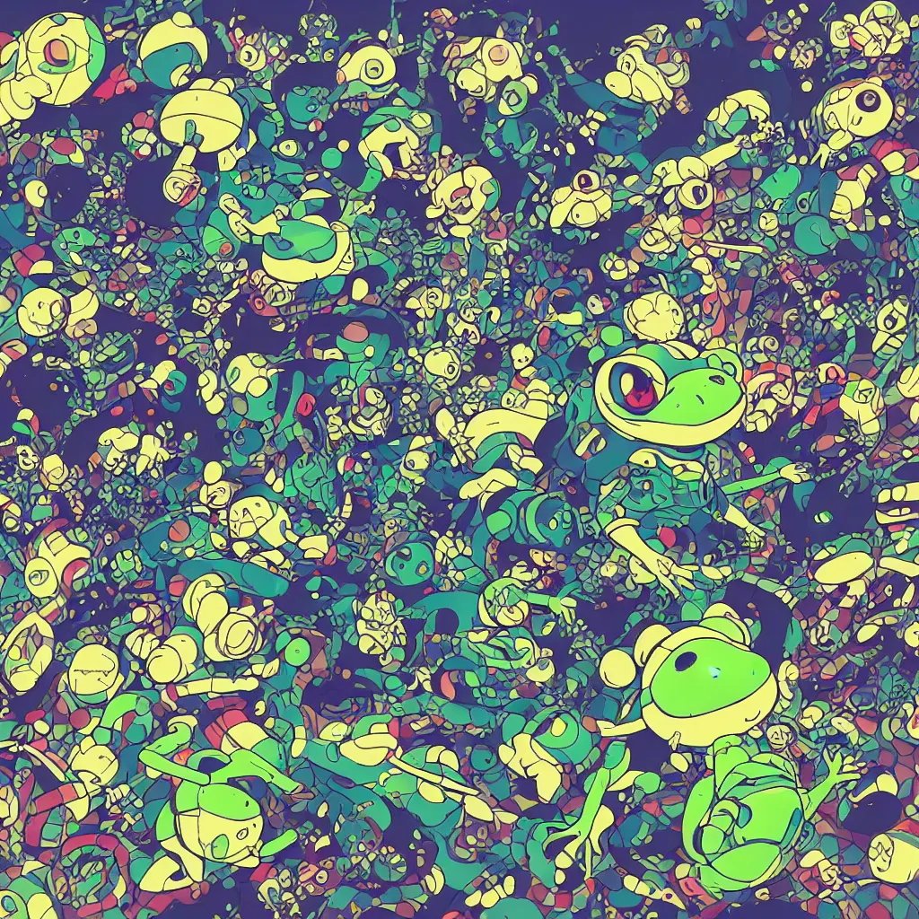 Image similar to toads, frogs, ryuta ueda artwork, breakcore, style of jet set radio, y 2 k, gloom, space, cel - shaded art style, indigo rainbow, data, minimal, takashi murakami artwork, code, cybernetic, dark, eerie, cyber