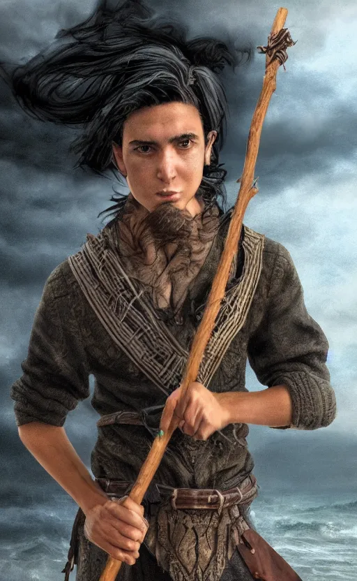 Prompt: photographic portrait of young adult male wizard from the waist up with black hair wearing a brown jerkin and bandolier and wielding an intricate wooden staff in front of a castle or stone structure or rock tower and turrets by the sea, photorealistic, dramatic lighting, intense clouds, sharp detail, hyper realistic, foggy atmosphere, intense facial expression, octane render, ocean waves crashing, rule of thirds, no really put a castle in there