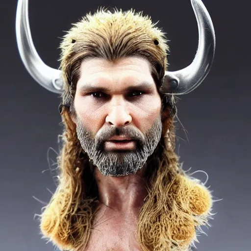 Image similar to of a viking from valhalla, wearing the horned helmet ultra fine detail, hair strands, ultra high resolution, fine texture detail, miniature painting techniques, perfect proportions, marvel cinematic universe, eric bana