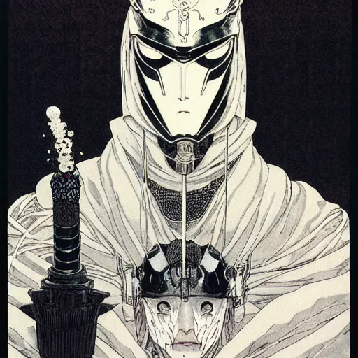 Image similar to prompt : black and white portrait soft light painted by takato yamamoto, black knight armor, inspired by ghost in shell anime, smooth face feature, intricate oil painting, high detail, sharp high detail, manga and anime 1 9 8 0