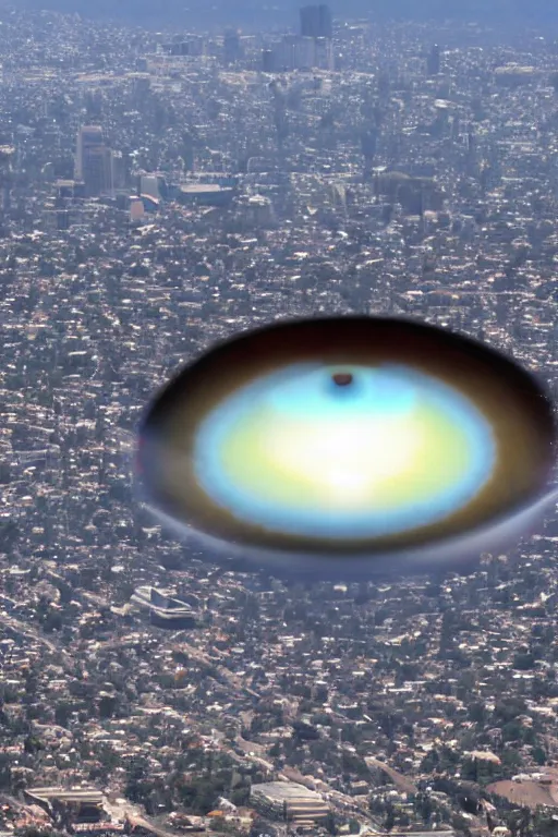 Prompt: giant eyeball!!!!! floating! in the clouds above southern california city