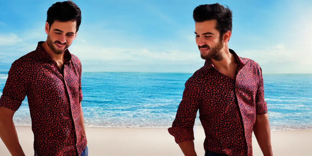 Image similar to a handsome guy is standing tall, in a beautiful shirt, with the beach, sea, sun, rays in the background? super detail, one character