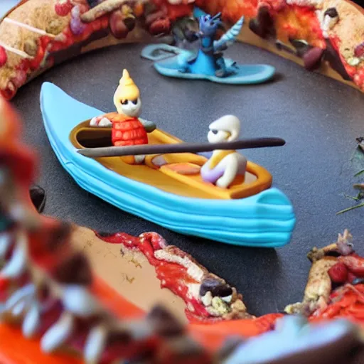 Prompt: polymer clay dragons in a canoe, eating pizza, claymation