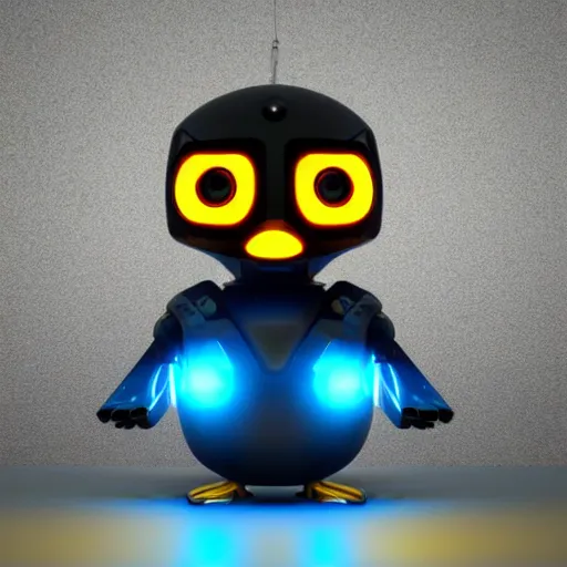 Prompt: a cybertronic duck, robotic, metallic, glowing eyes, neon, high detail