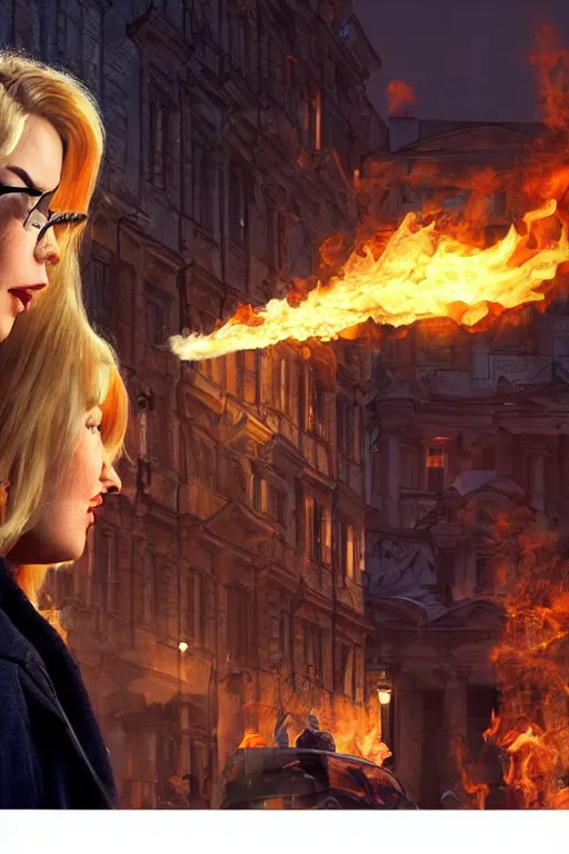 Image similar to in the foreground a street of Saint Petersburg, in the background a blond woman spitting flames with her hands wearing a long jacket like a matrix, realistic, high definition, many details, dramatic scene, detailed and realistic hands, symmetrical face, eyes realistic, art of D&D