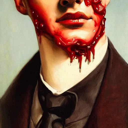 Prompt: bottom half of face portrait shot of blood dripping down a beautiful males mouth chin and neck, as painted by leyendecker