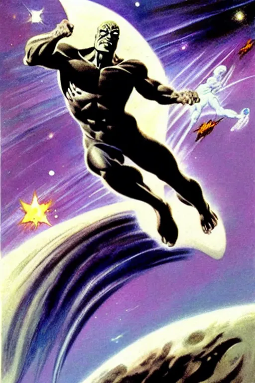 Image similar to Silver Surfer flying through space, by Frank Frazetta