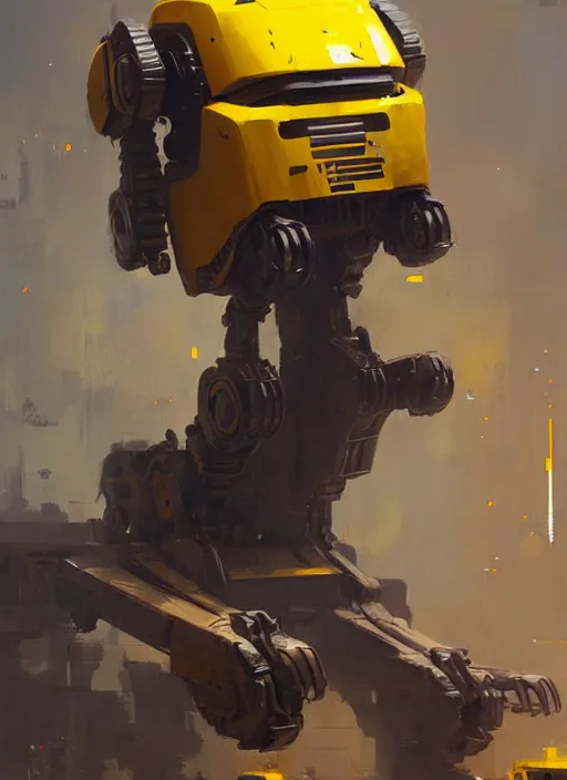 Image similar to tall strong intricate yellow pit droid, pancake short large head painterly mecha, by Greg Rutkowski