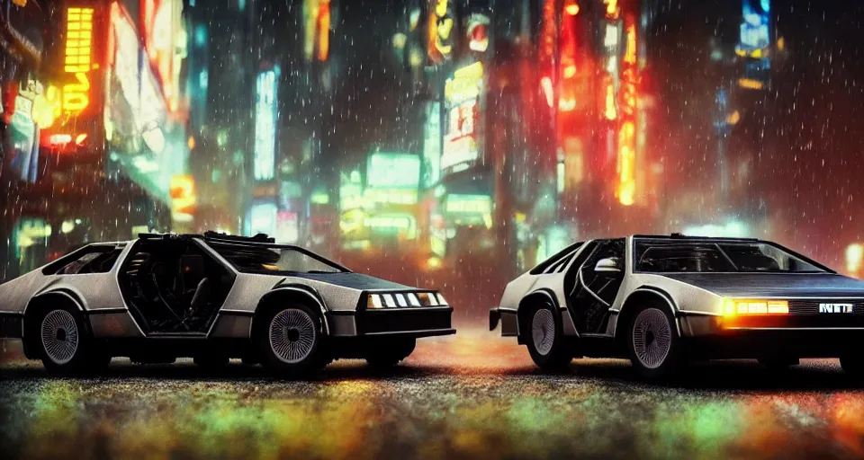 Image similar to a 2 8 mm closeup photo of a tela tron neon delorean back to the future car on wet city street at night, intricate, hyper detailed, smooth, high contrast, neon, volumetric lighting, octane, moebius, greg rutkowski, blade runner, ripley scott, mad max, cindmatic