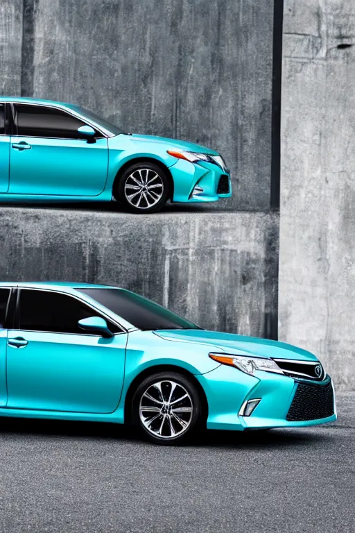 Prompt: toyota camry painted in aqua blue with chrome rims