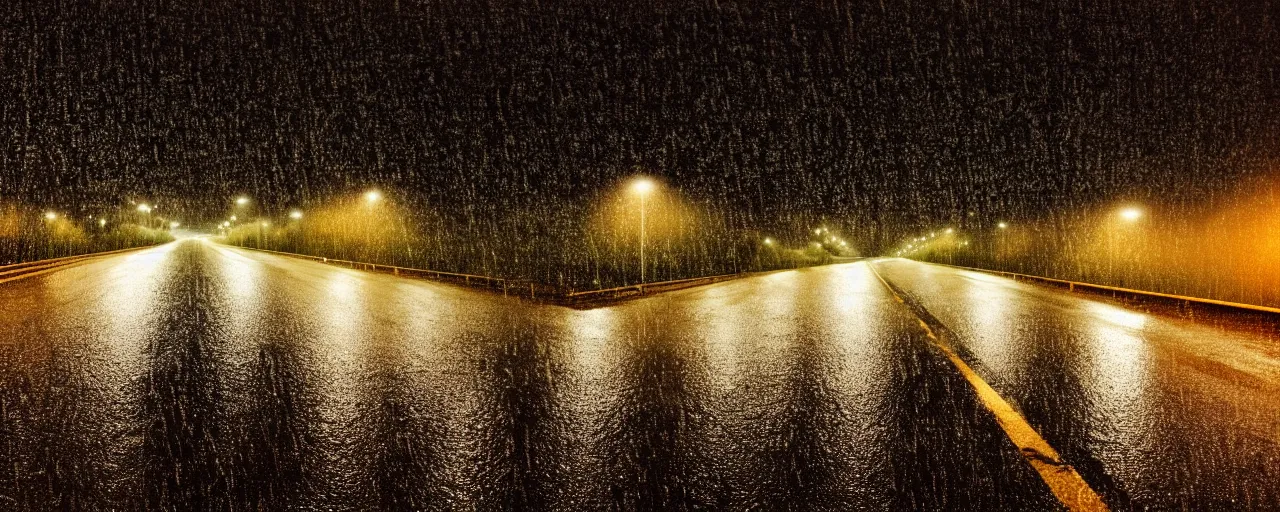 Image similar to at night, it is raining in the sky, a large road extends into the distance, the leaves on both sides of the road are yellowed by the street lights, tranquility, film texture, super fine, 8 k