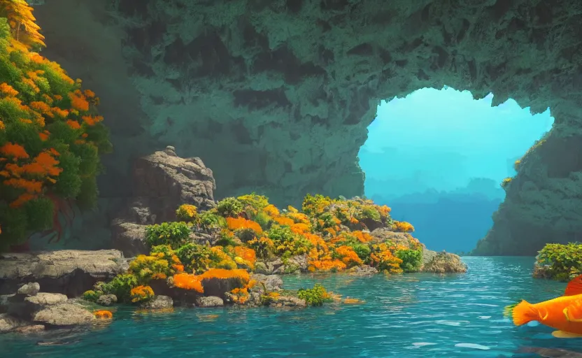 Image similar to a cave lake with some big orange fish inside, studio ghibli, pixar style, octane render, unreal engine 5, path traced, highly detailed, high quality, 8 k, soft lighting, godrays, complementary colors, natural lighting, water parallax, serene landscape, beautiful, elegant, digital painting