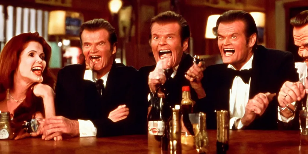 Image similar to still frame of Geena Davis, Roger Moore and Jim Carrey in Pulp Fiction laughing hysterically in a dark bar over a tiny gun