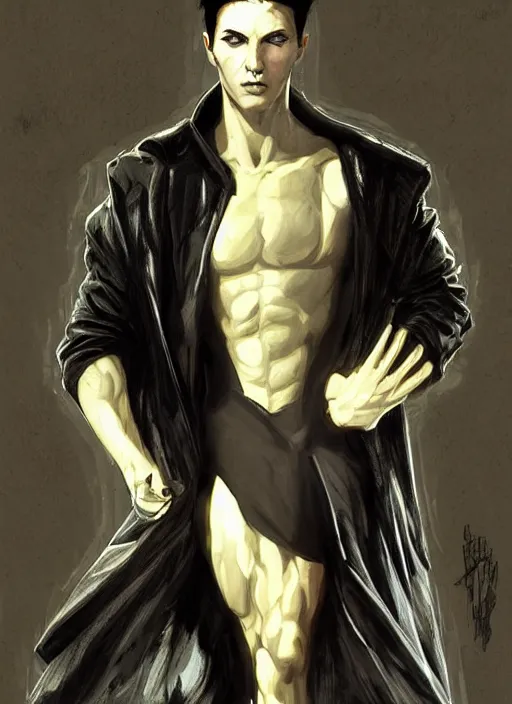 Image similar to elegant renaissance concept art of a male young muscular neo from matrix 1 as sandman from vertigo comics, with, full figure dynamic fighting pose, pale skin!, gothic, black overcoat, fantasy, intricate, highly detailed, digital painting, artstation, smooth, sharp focus, illustration, art by artgerm and greg rutkowski and alphonse mucha