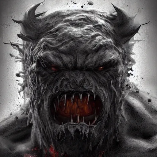 Prompt: huge hulking creature, muscular and terrifying, unsettling, creepy, epic hairy monster terrifying covered in dark fur and matted mud with white eyes, artstation, cgsociety