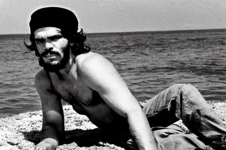 Prompt: Che Guevara taking a sunbath at the beach, 1932 photograph