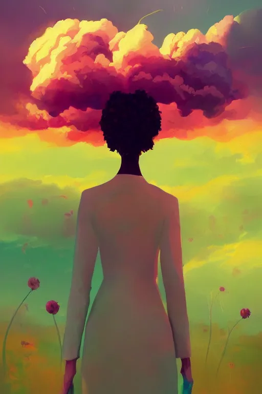 Image similar to portrait, giant flower as head, black woman in suit, surreal photography, golden hour, colorful clouds, impressionist painting, digital painting, artstation, simon stalenhag