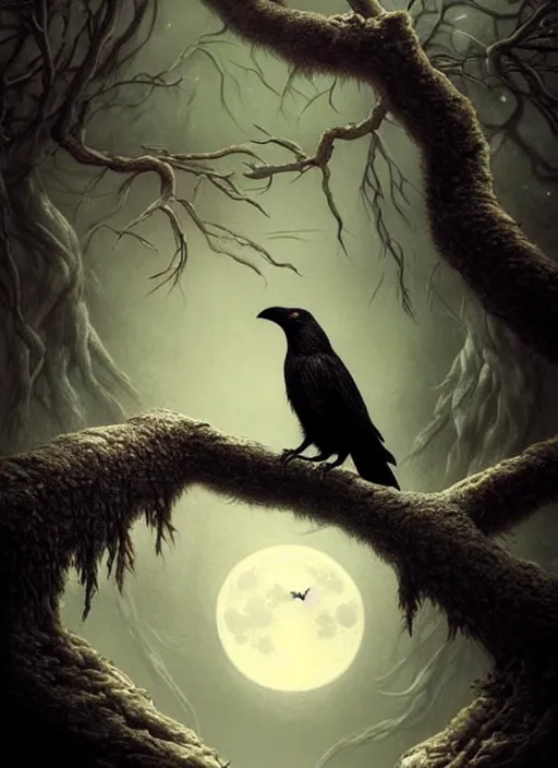 Image similar to side portrait dark crow on tree in front of the full big moon, fine art, awesome fantasy book cover on Pinterest, award winning, fantasy forest landscape, fantasy magic, dark golden light night, intricate, elegant, sharp focus, illustration, highly detailed, digital painting, concept art, matte, art by WLOP and Artgerm and Greg Rutkowski, masterpiece, trending on artstation