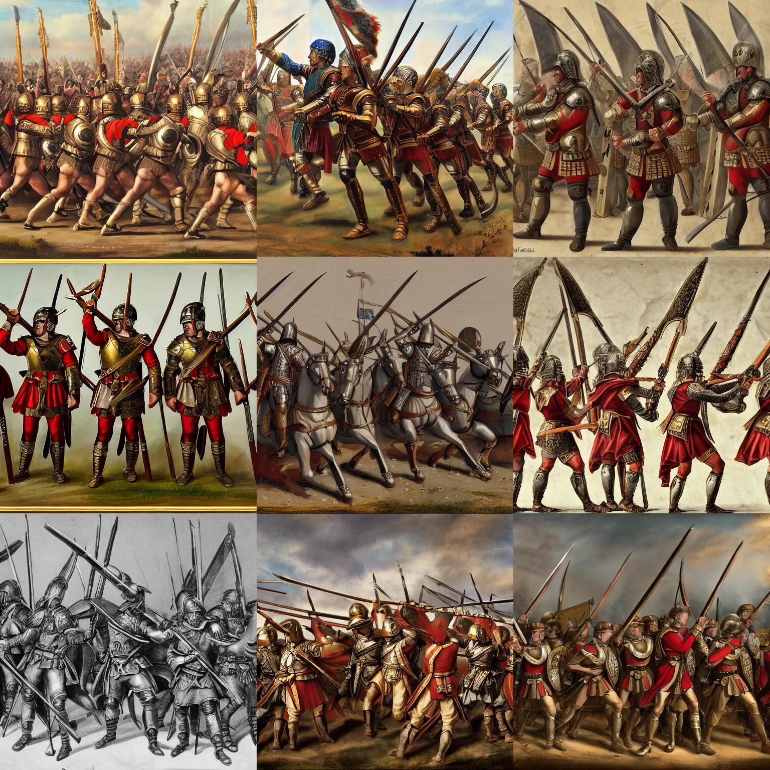 Prompt: a legion of renaissance era roman soldiers, muskets drawn. with phalanx shields. fantasy. highly detailed. 8 k. photorealistic. trending on deviant art.