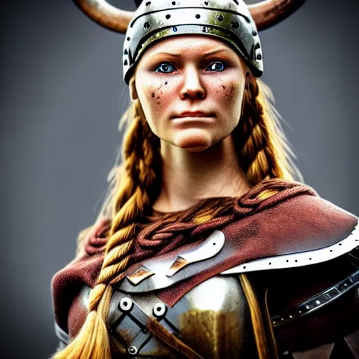 Image similar to a beautiful viking female warrior, realistic, highly detailed.