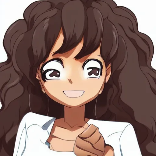 Image similar to A brown skinned woman with black curly hair as an anime character, highly detailed, anime