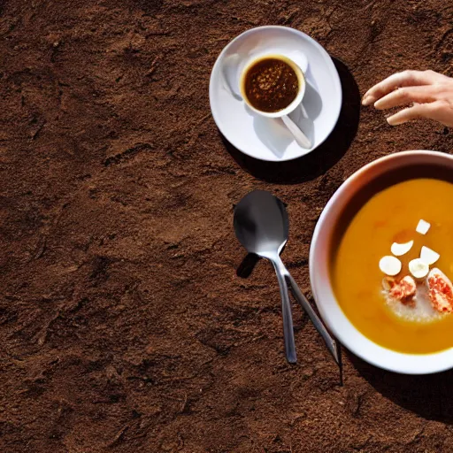 Prompt: photo of Donald Trump eating a bowl of soup in a hot desert, 8k, photorealistic,