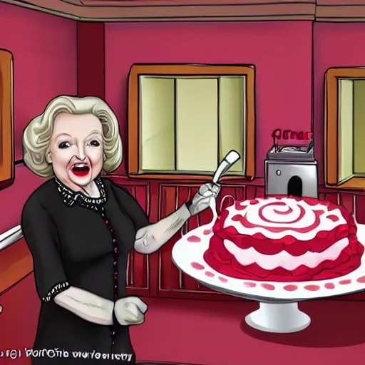 Image similar to betty white baking a cake horror atmospheric red jelly fog eldritch nightmare