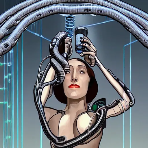 Image similar to the upper torso of a terminator cyborg lady with borg implants, human face and robotic snakes coming out of her head is hanging from cables and wires off the ceiling of a lab. Her bottom half is missing with cables hanging out. She is taking a sip from a cup of coffee. Tiny green led lights in her cybernetics. Sophisticated lab in the background, with dystopian city visible through the window. very detailed 8k. Horror cyberpunk style.