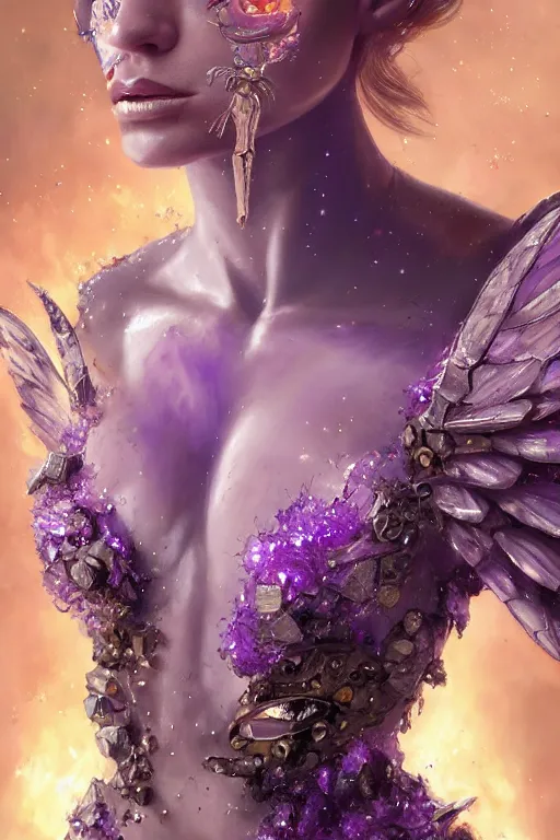 Prompt: torso closeup model wearing exploding into amethyst quartz pyrite glass and crystal dress, sorcerer, diamonds, angel, fantasy, dramatic lighting, highly detailed, digital painting, holding electricity, magic the gathering, hyper detailed, 3 d render, hyper realistic detailed portrait, peter mohrbacher, wlop, ruan jia