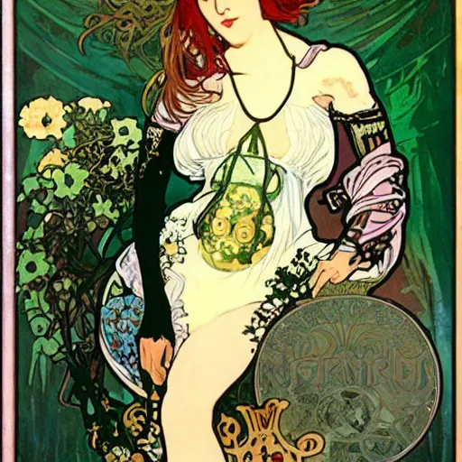 Image similar to goth girl with a wry grin, alphonse mucha, willam morris background.