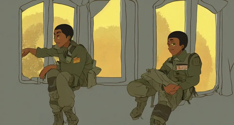 Image similar to a cozy military barack with an overgrown window, studio Ghibli style, golden hour