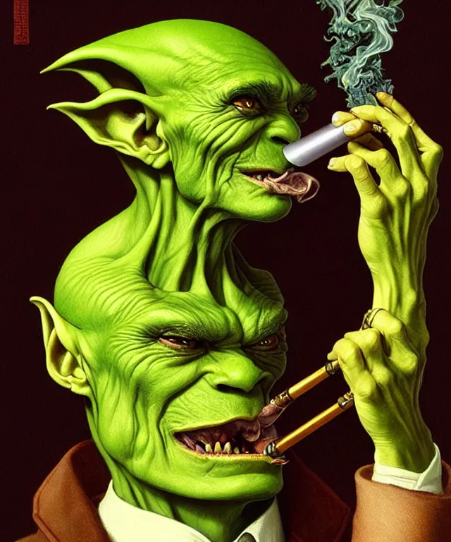 Image similar to a green-skinned goblin smoking a pipe, portrait, intricate, elegant, highly detailed, smooth, sharp focus, art by artgerm and greg rutkowski and alphonse mucha