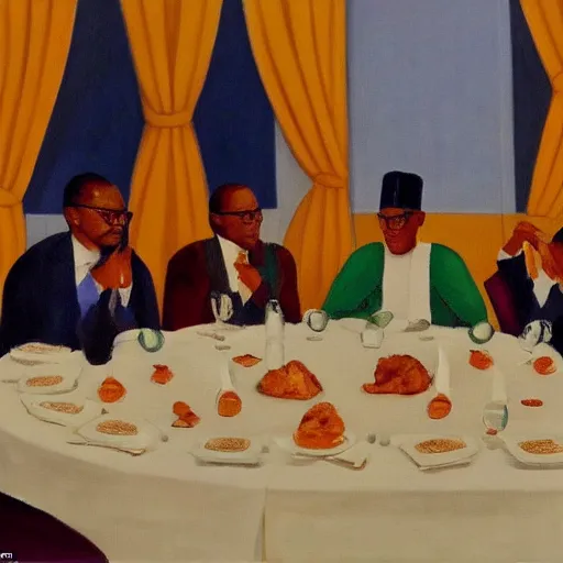 Prompt: president muhammadu buhari sitted at a lavish banquet with a large bastion of chicken minimalist solid background in the style of edward hooper and henri matisse oil painting