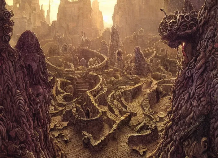 Image similar to jim henson's labyrinth an impossible maze filled with twisted turns a goblin city and a castle looming in the background by edgar maxence and caravaggio and michael whelan and delacroix style, artistic, intricate painting, cinematic lighting, hyper realistic, extremely detailed, vivid colors, establishing shot, dramatic lighting