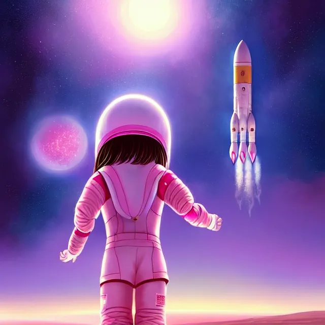 Prompt: epic professional digital art of a little girl in a pink spacesuit watching giant rockets take off in the distance seen from behind, best on artstation, cgsociety, wlop, Behance, pixiv, astonishing, impressive, outstanding, epic, cinematic, stunning, gorgeous, breathtaking science fiction art, masterpiece.