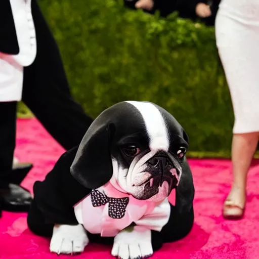 Image similar to a dog in a tuxedo at the met gala