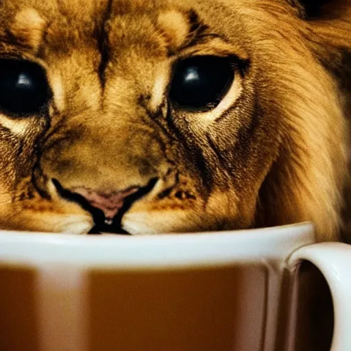 Image similar to a tiny lion peeking his head out of a coffee mug, close up shot.