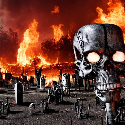 Image similar to terminator endoskeleton graveyard on fire by disney