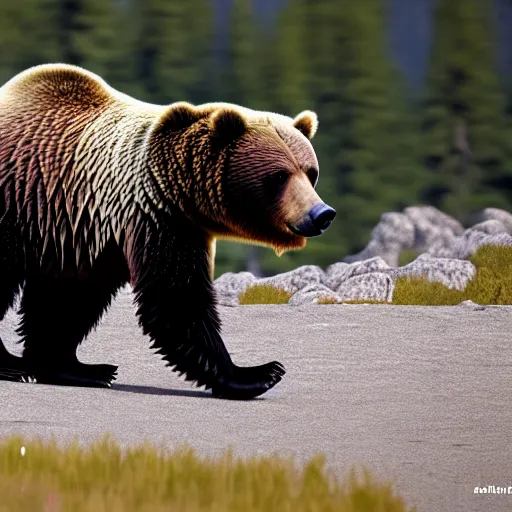 Image similar to a grizzly bear wearing a tuxedo walking on its hind legs, cinematic, realistic