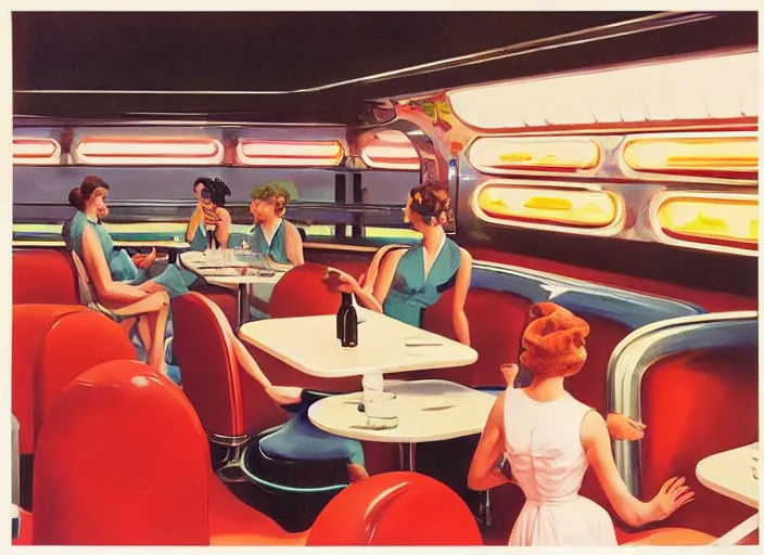 Image similar to diner, 1950s,jukebox,8K, by syd mead