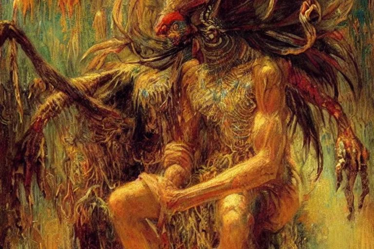 Image similar to portrait of the personification of anansi, the spider god. art by gaston bussiere.