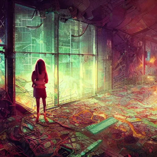 Prompt: a girl in chernobyl disneyland, digital illustration, by android jones and greg rutkowski, retrowave color scheme, detailed, cinematic lighting, wide angle action dynamic portrait