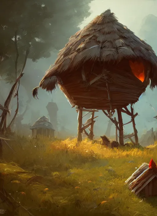 Prompt: hut with chicken legs, greg rutkowski, zabrocki, karlkka, jayison devadas, trending on artstation, 8 k, ultra wide angle, zenith view, pincushion lens effect