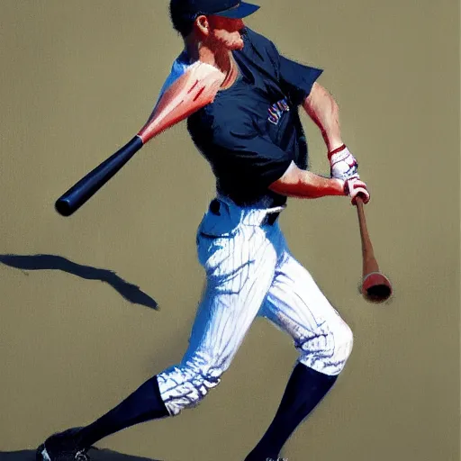 Image similar to baseball player hitting the ball with the baseball bat in the middle of the game and in front of everyone in the stadium, james gurney painting style, greg rutkowski, artstation