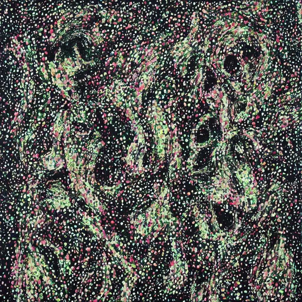 Image similar to camo made of teeth, smiling, abstract, francis bacon artwork, cryptic, dots, spots, stipple, lines, splotch, color tearing, pitch bending, faceless people, dark, ominious, eerie, hearts, minimal, points, technical, old painting, neon colors